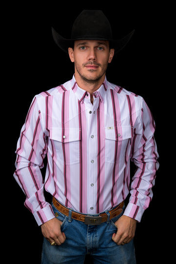 The Tristan Long Sleeve Pearl Snap Shirt in Pink