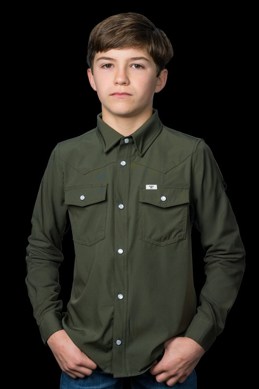 CORE - Kid's Olive Green Long Sleeve Pearl Snap Shirt
