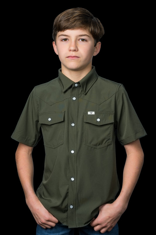 CORE - Kid's Olive Green Short Sleeve Pearl Snap Shirt