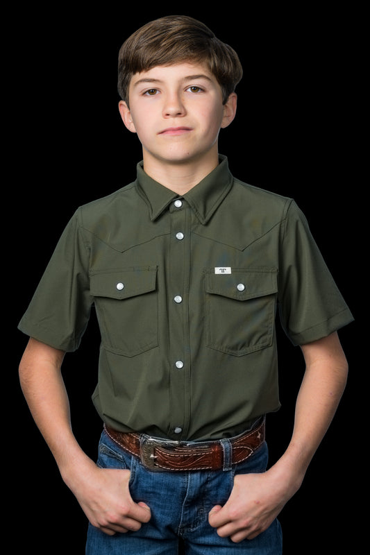 CORE - Kid's Olive Green Short Sleeve Pearl Snap Shirt